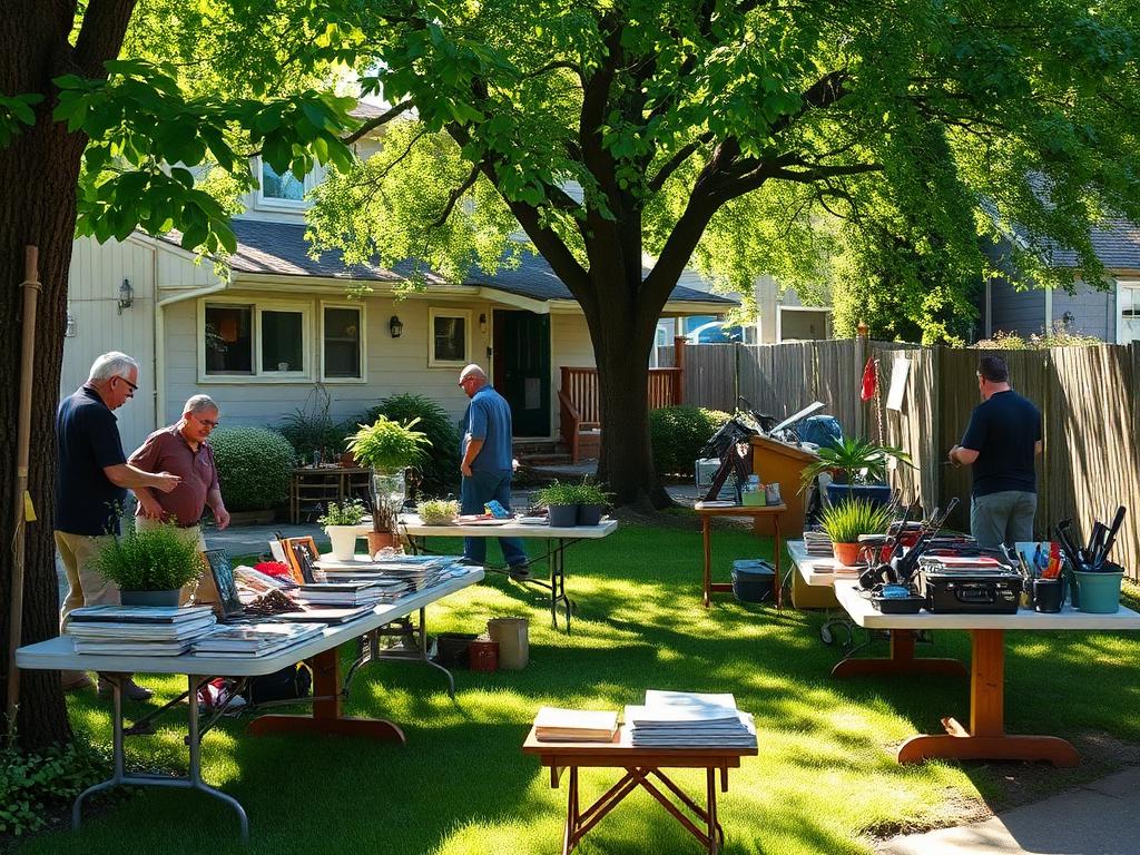 Neighbors browsing tables at a sunny front-yard swap meet