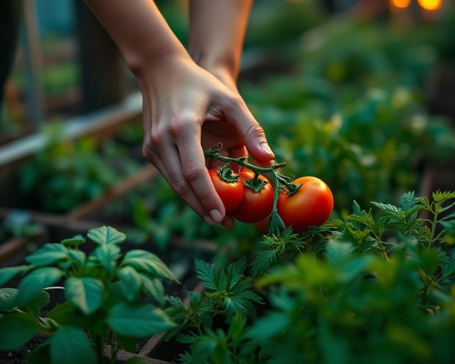 Hands harvesting tomatoes in a community garden
