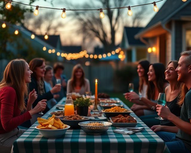 Neighbors sharing a potluck dinner under string lights
