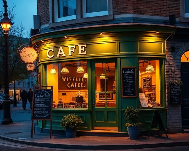 Corner cafe storefront glowing at blue hour