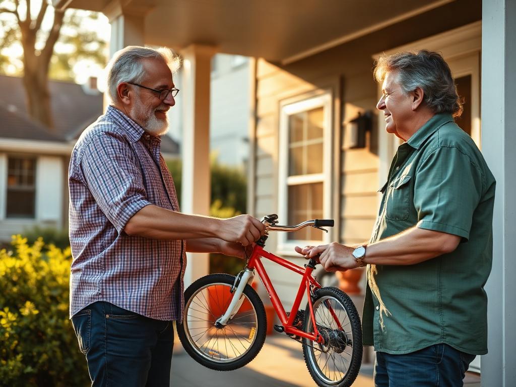 One neighbor handing a kids bike to another on a front porch