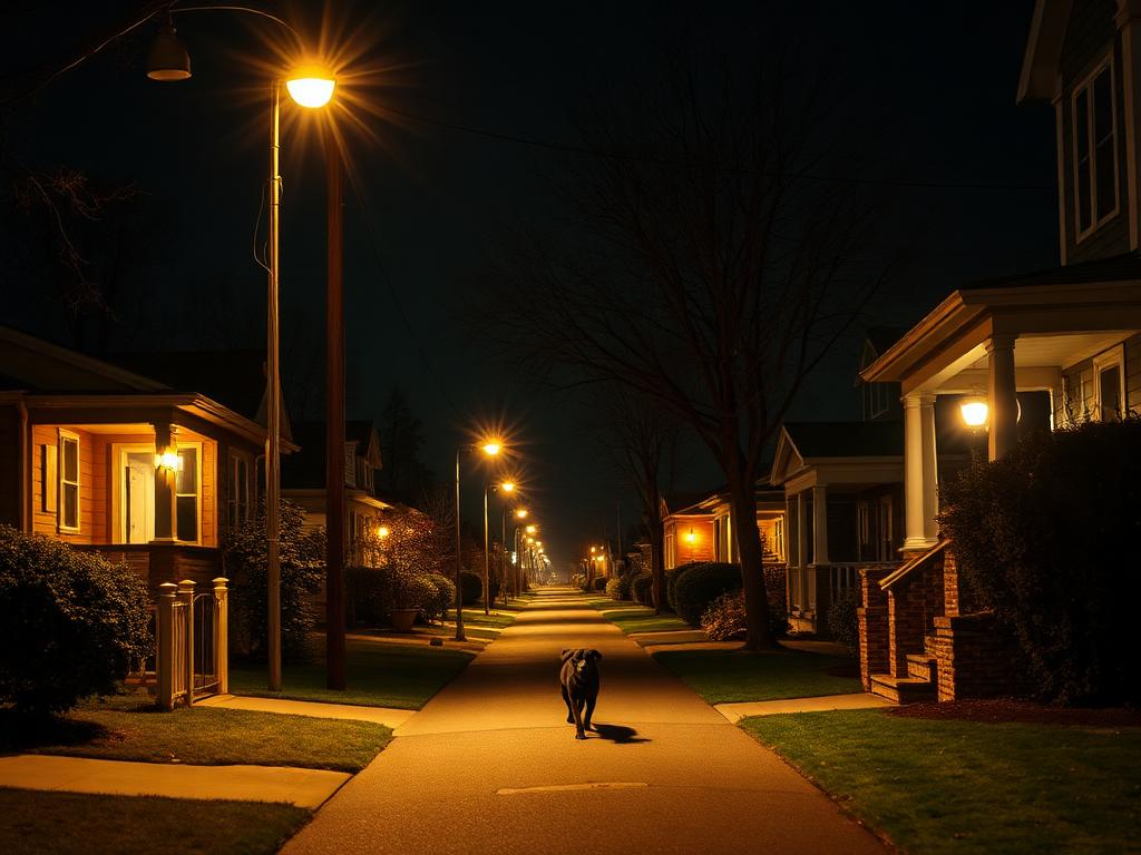Quiet neighborhood street at night with glowing porch lights