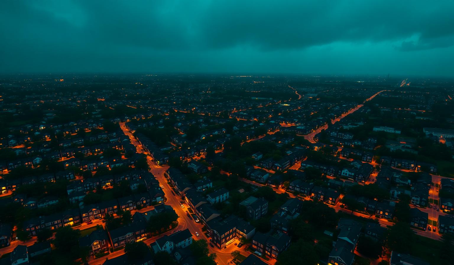 Aerial view of a glowing neighborhood grid at dusk