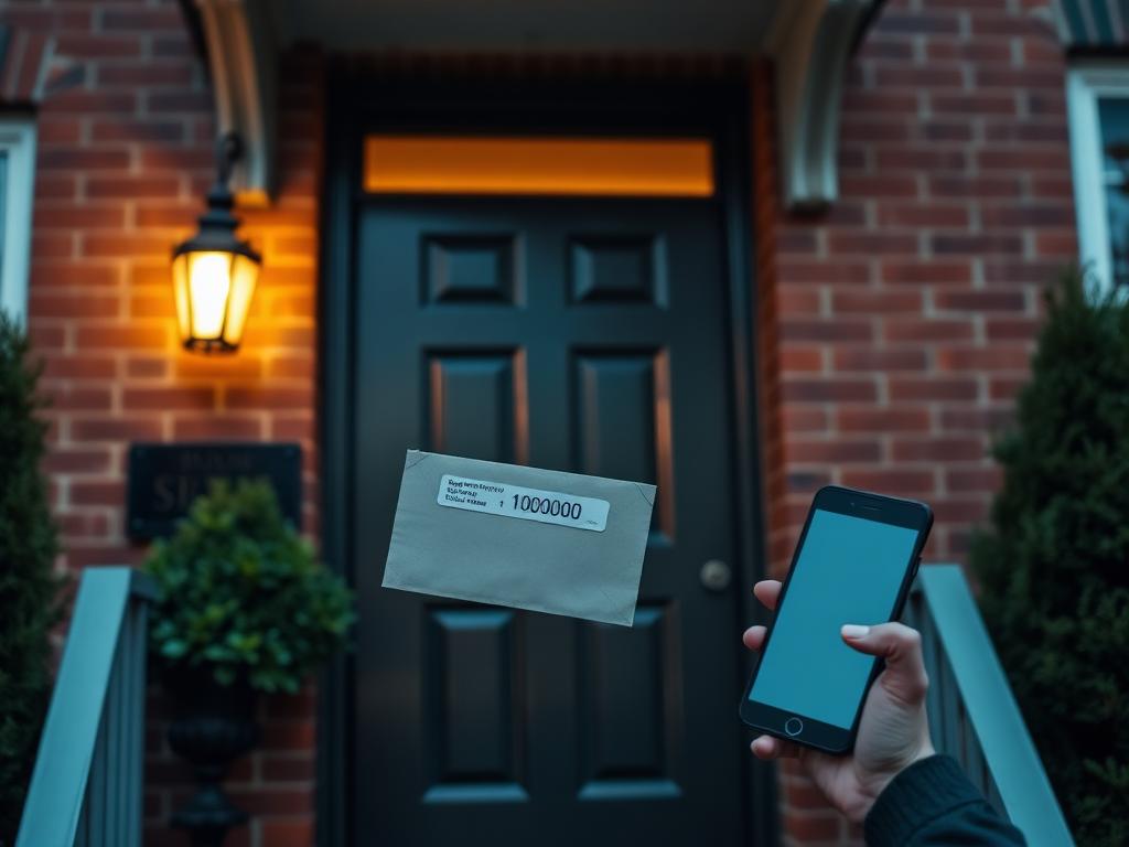Resident holding a mailed verification code and smartphone at their front door